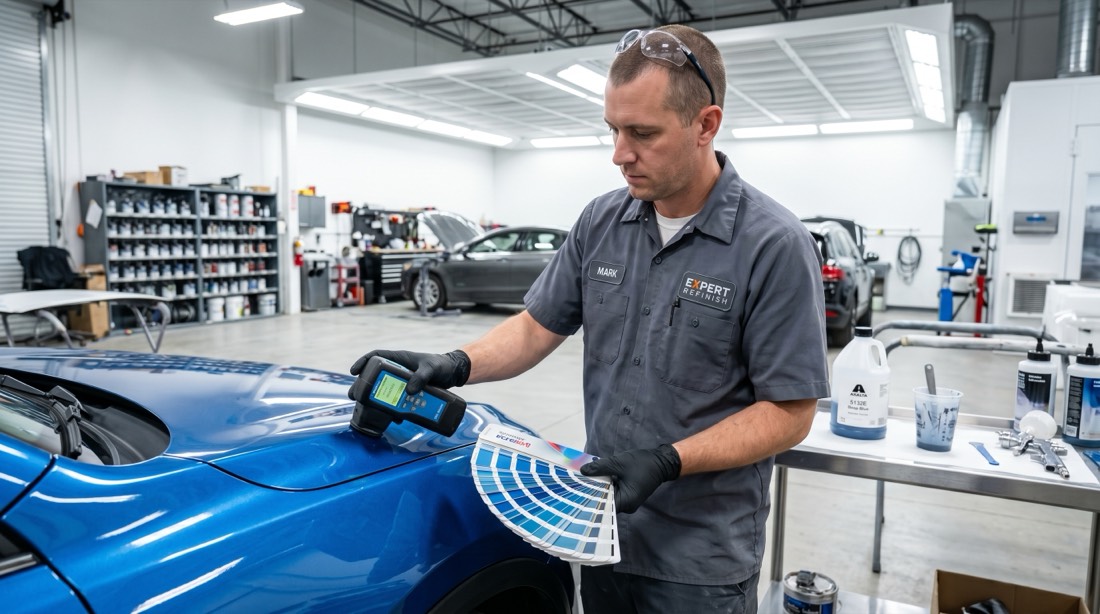 Painter using a spectrophotometer and color fan deck to match paint for the ASE B2
