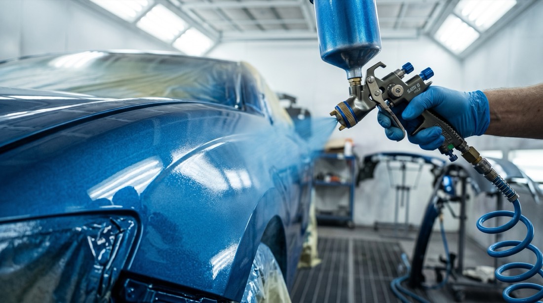 Close-up of an HVLP spray gun atomizing basecoat, a core ASE B2 spray equipment skill