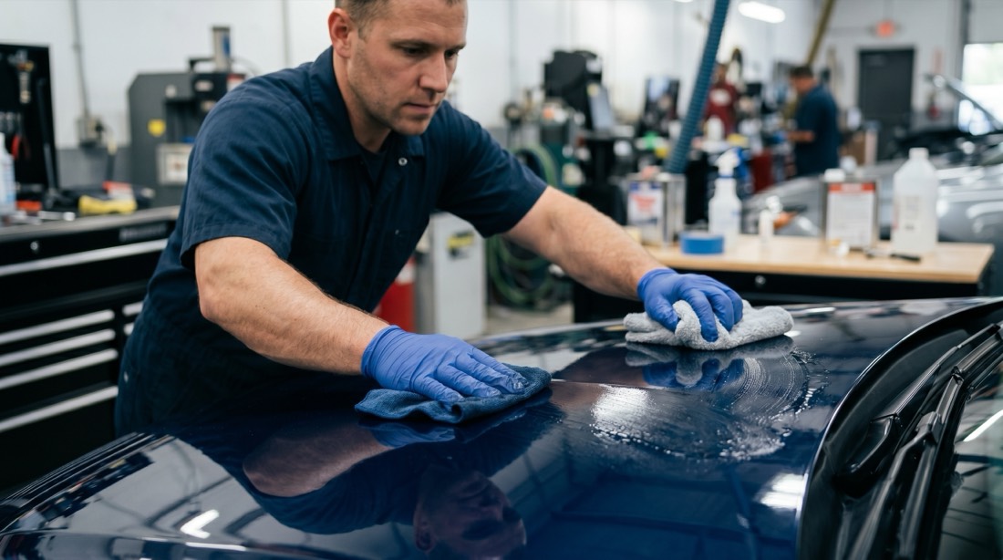 Auto body technician wiping down a panel during ASE B2 surface preparation