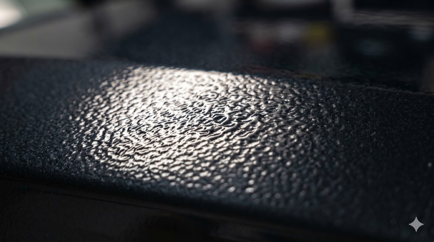 Macro comparison of a smooth glossy clearcoat next to the same paint with orange peel texture distorting the reflection