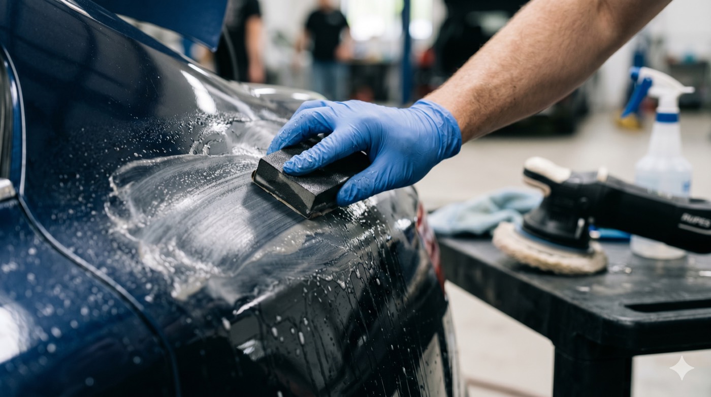A gloved hand wet color-sanding a cured dark clearcoat panel with a backing block and sanding slurry, a buffer nearby