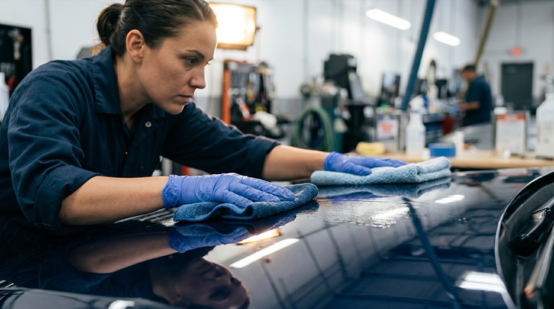 Technician cleaning a panel with solvent during ASE B2 surface preparation