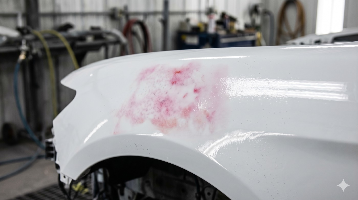 Bleeding: old red color staining up through a fresh white topcoat as a pink tint