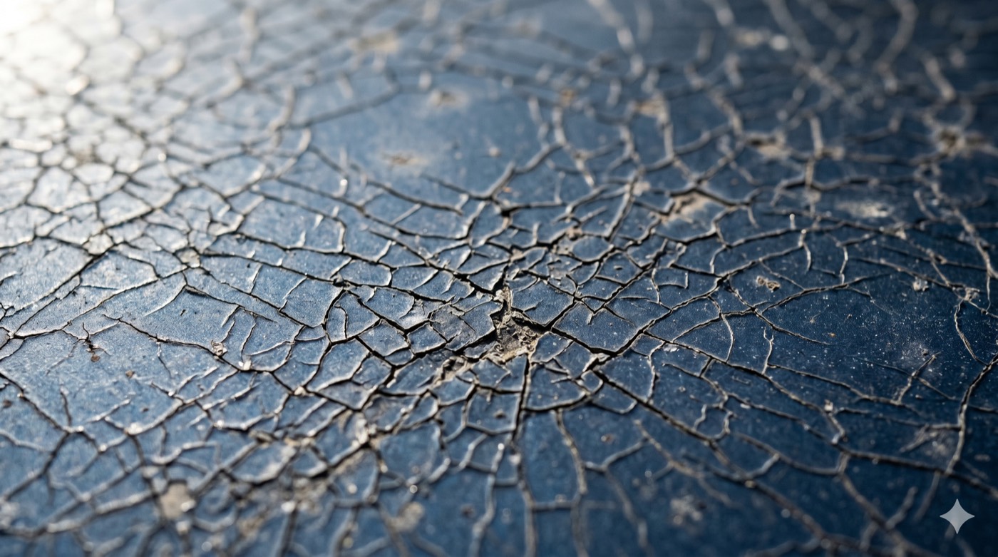 A network of fine cracks and checking across an automotive paint finish