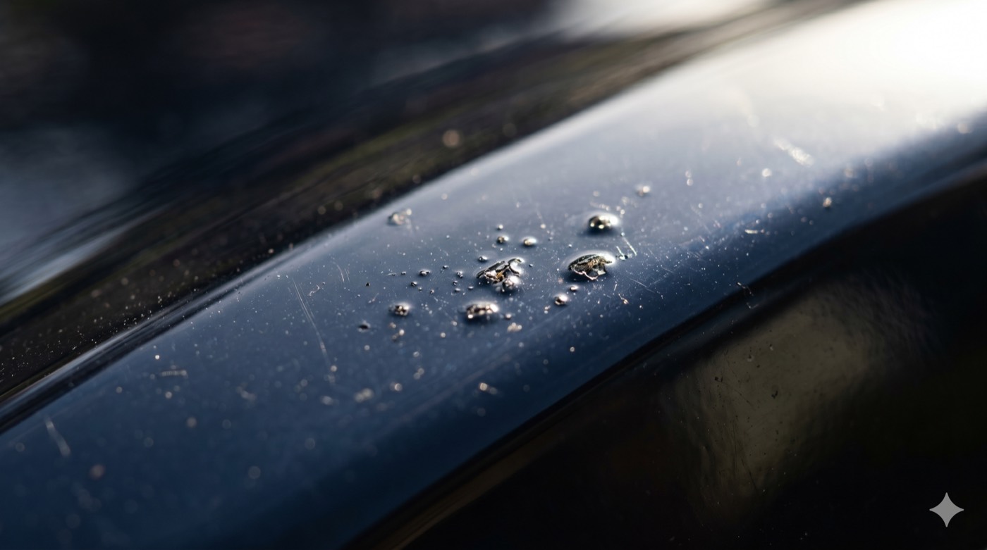 Dirt nibs and dust specks trapped as small raised bumps in a glossy clearcoat