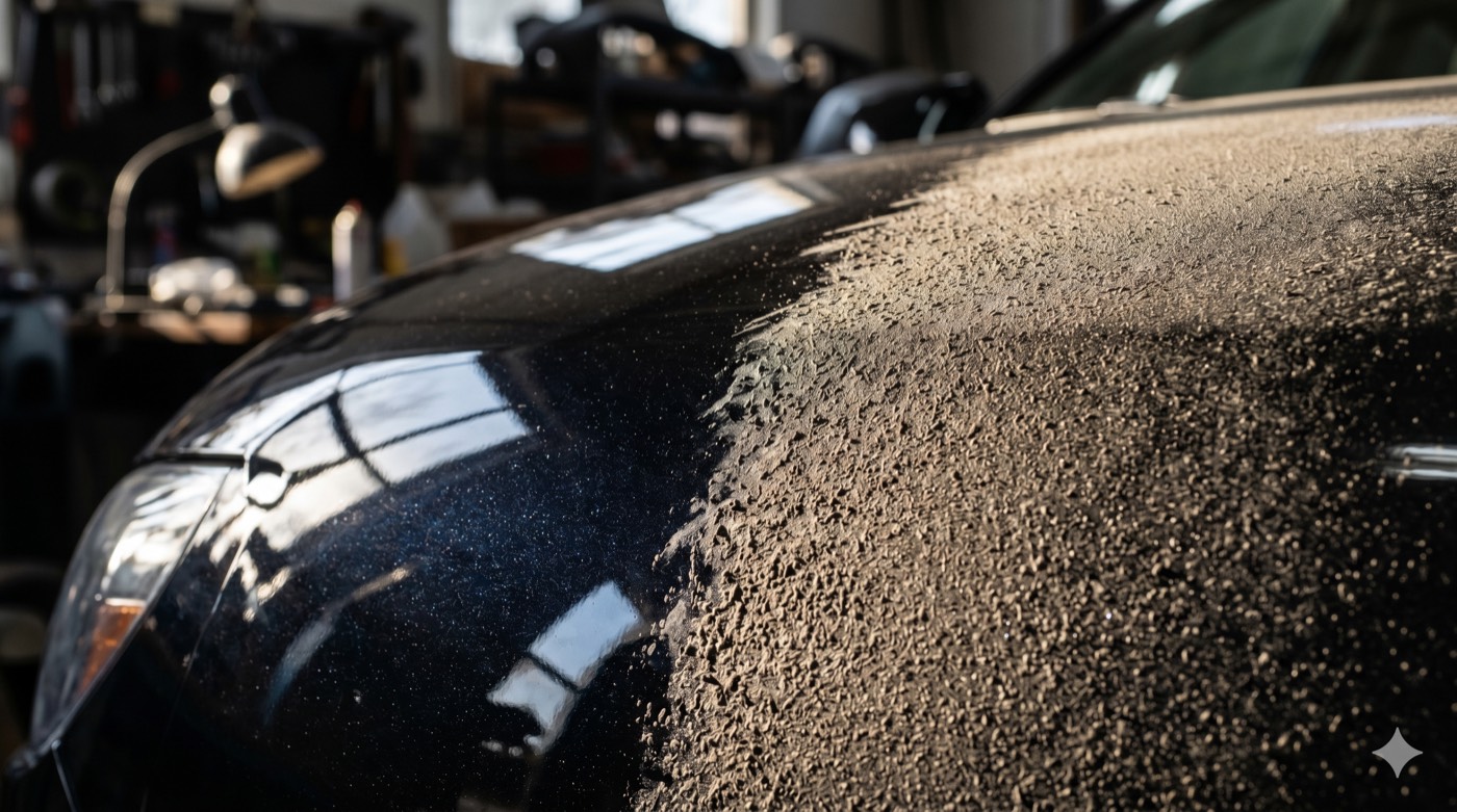 Dry spray overspray leaving a rough, dull, sandy texture on a painted panel
