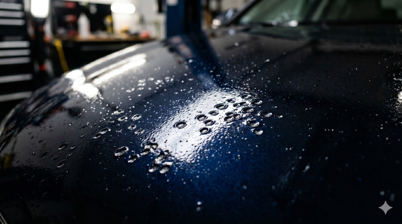 Fisheye craters in wet automotive paint caused by silicone contamination