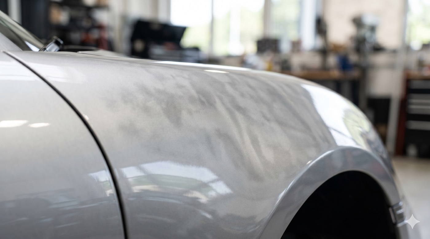 Metallic mottling or tiger striping showing uneven light and dark bands in a silver basecoat