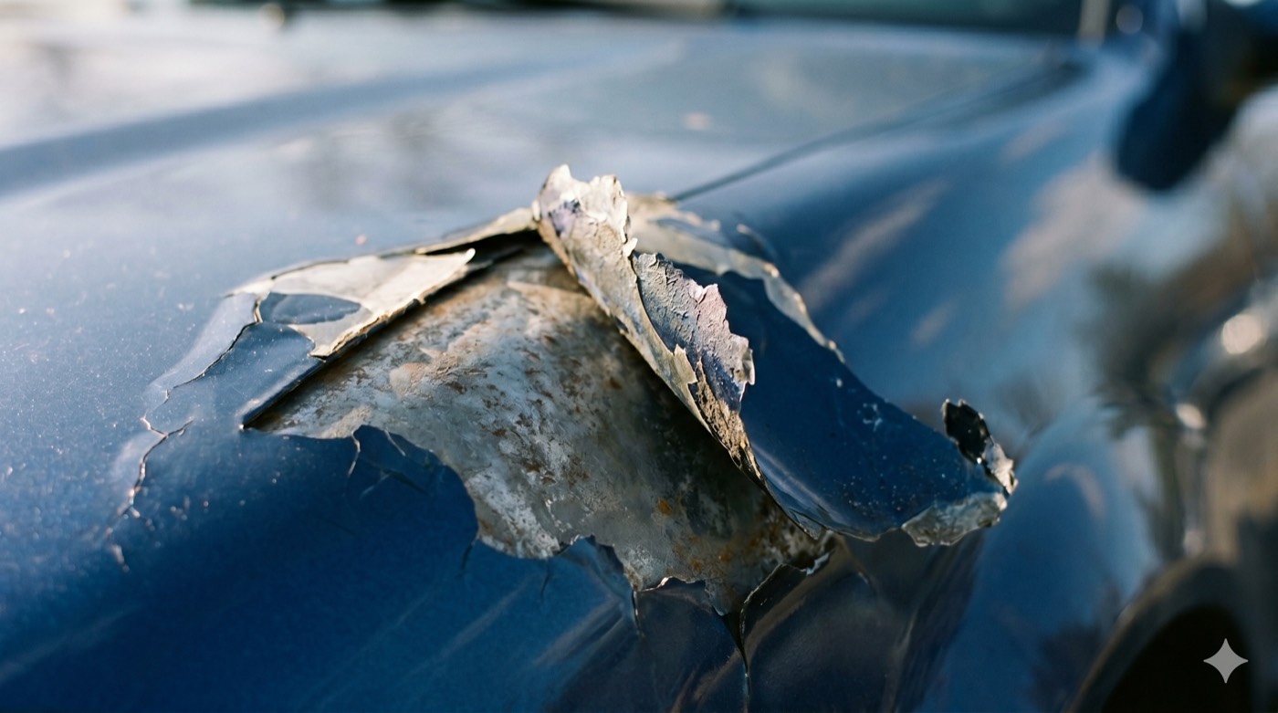 Paint peeling and flaking away from the panel in sheets, an adhesion failure