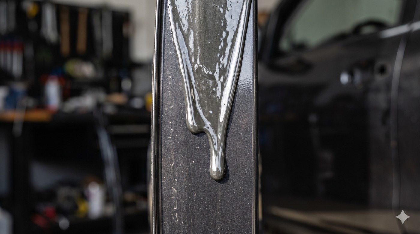 A paint run sagging down a vertical glossy automotive panel