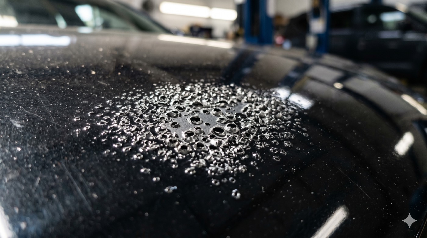 Solvent pop bubbles and pinholes opening up in a wet clearcoat film