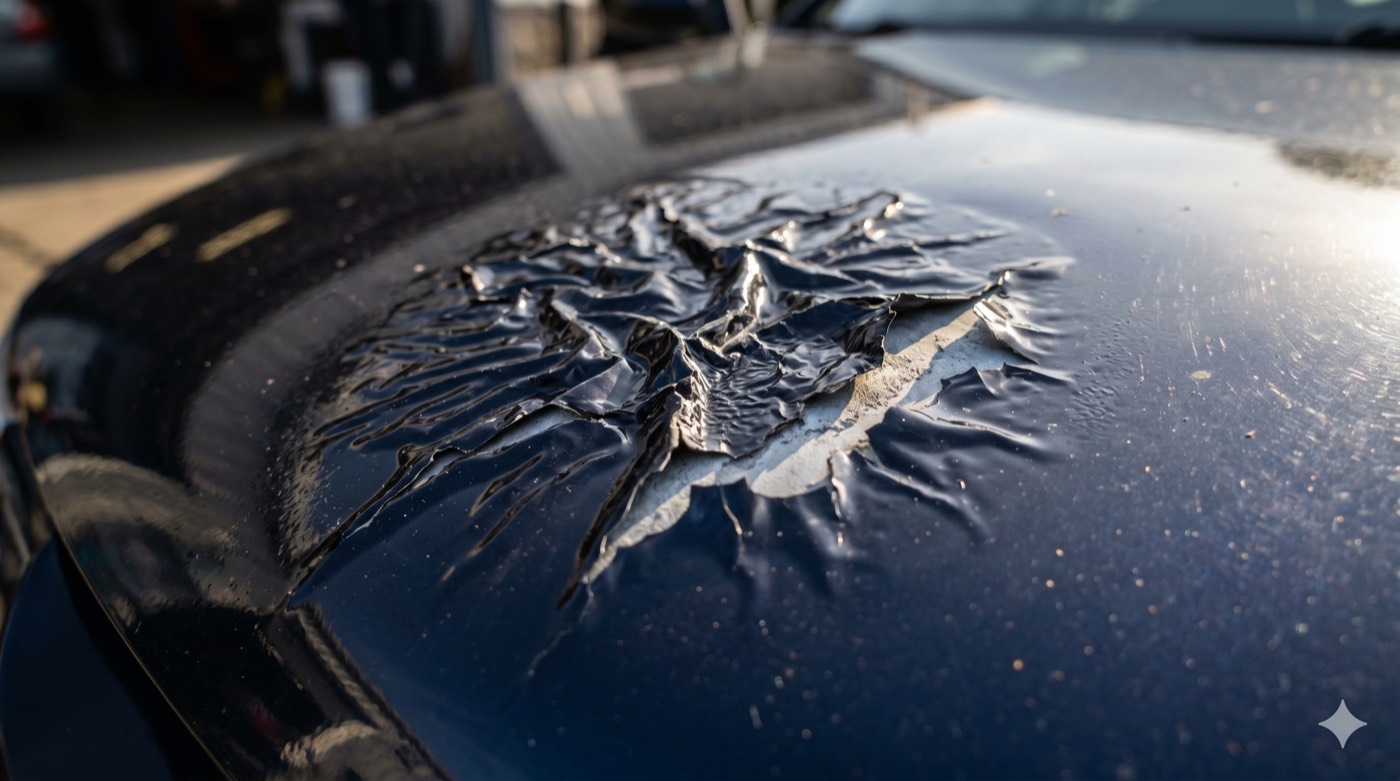 Paint wrinkling and lifting into ridges where the topcoat reacted with the layer beneath