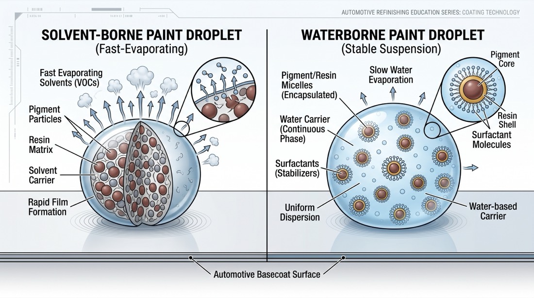 Diagram comparing the structure of solvent-borne and waterborne automotive paint droplets