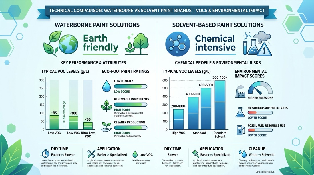 Chart comparing VOC levels and environmental impact of waterborne versus solvent paint systems