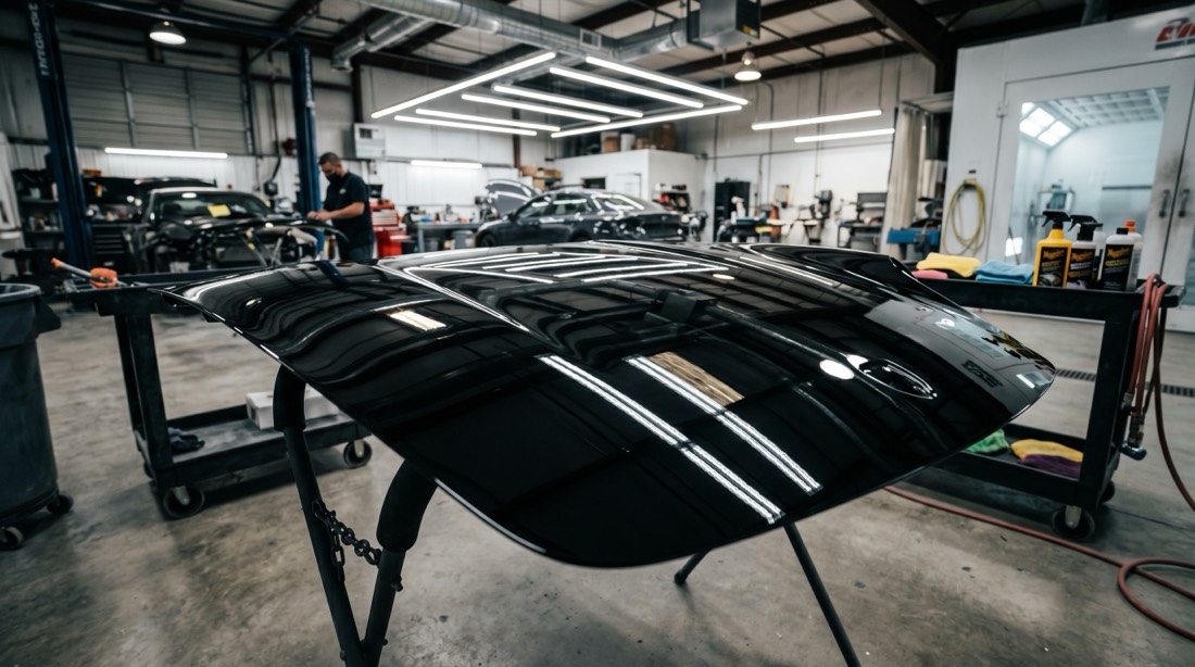 Glossy black panel showing a finished waterborne basecoat and clearcoat