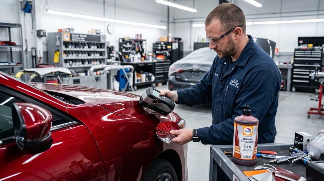 Painter color matching a red vehicle with a spectrophotometer and fan deck