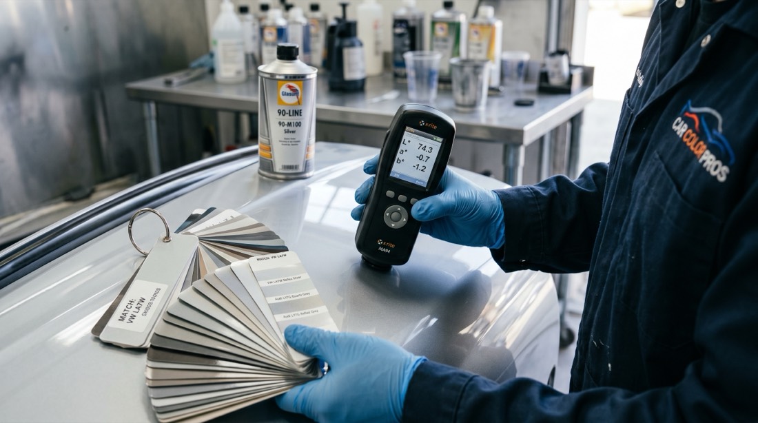 Technician reading a color match value on a handheld spectrophotometer