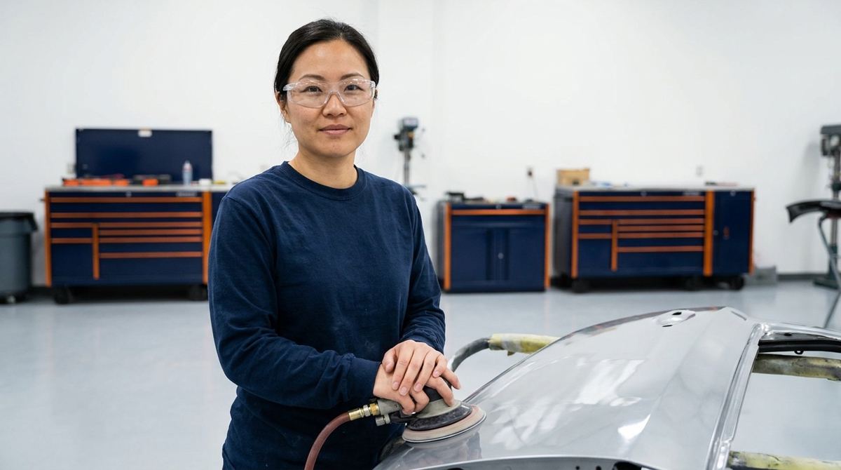 A student at her work station in a collision repair classroom shop