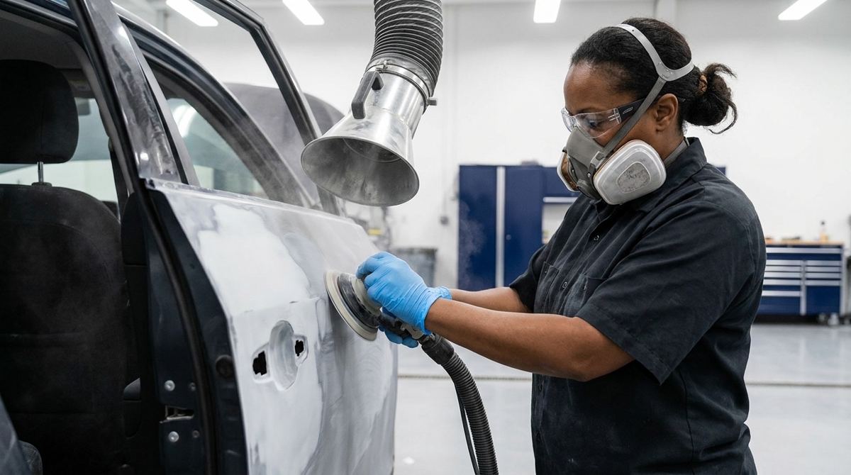 A technician in a respirator sanding a door panel