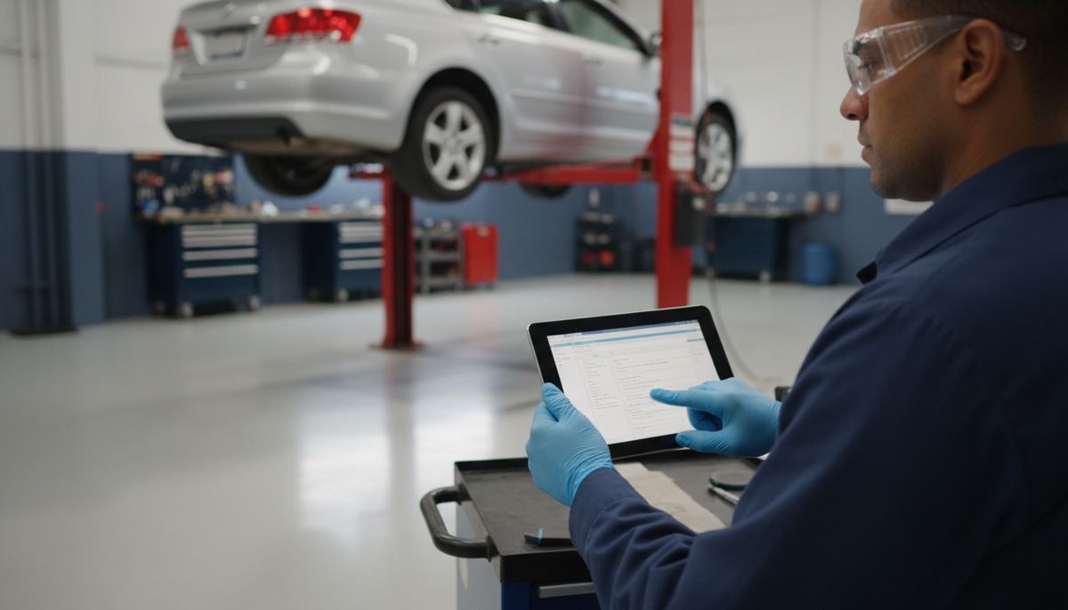 A collision technician checking a tablet beside a car on a lift