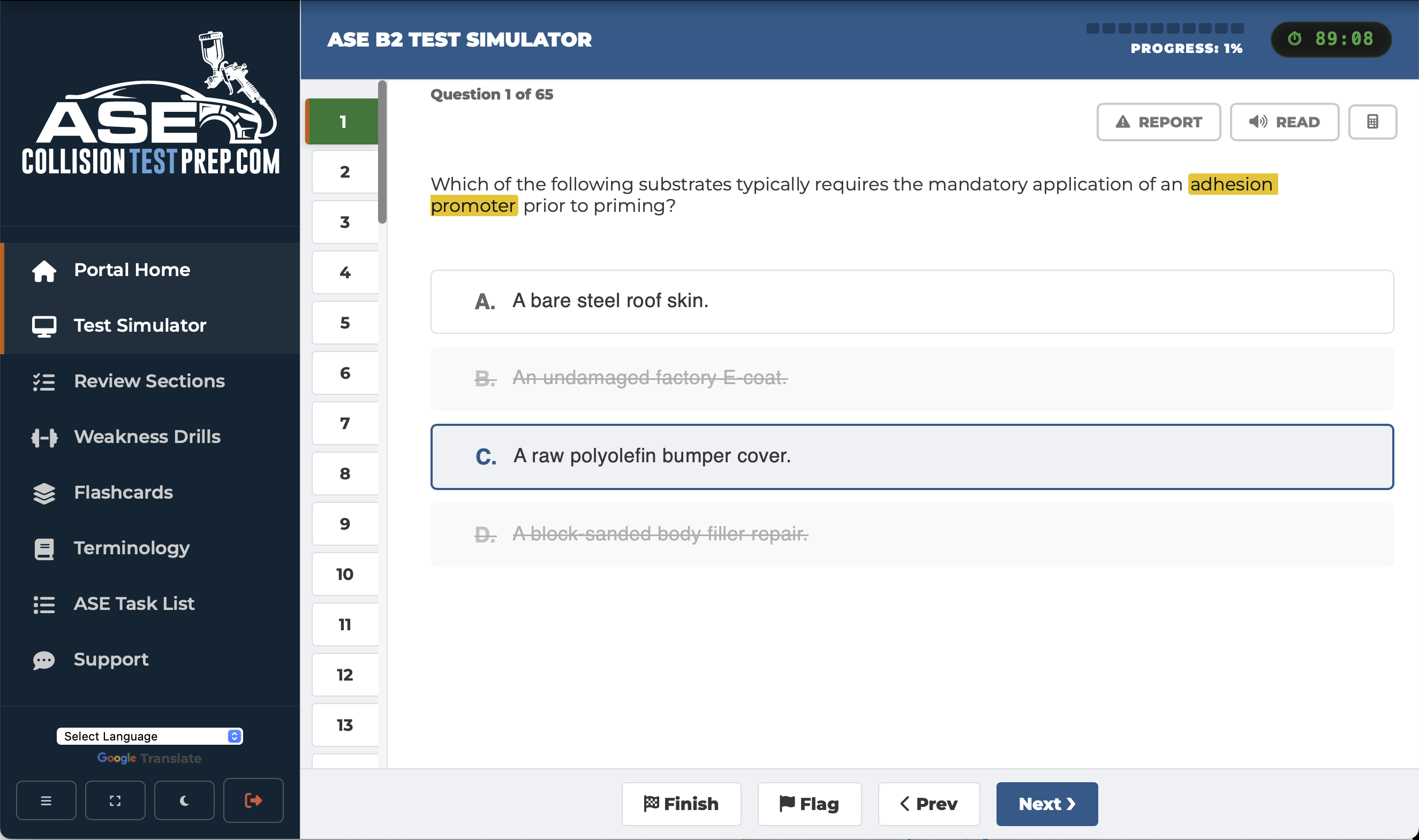 ASE Prometric-style simulator interface showing a B-Series question with multiple-choice answers