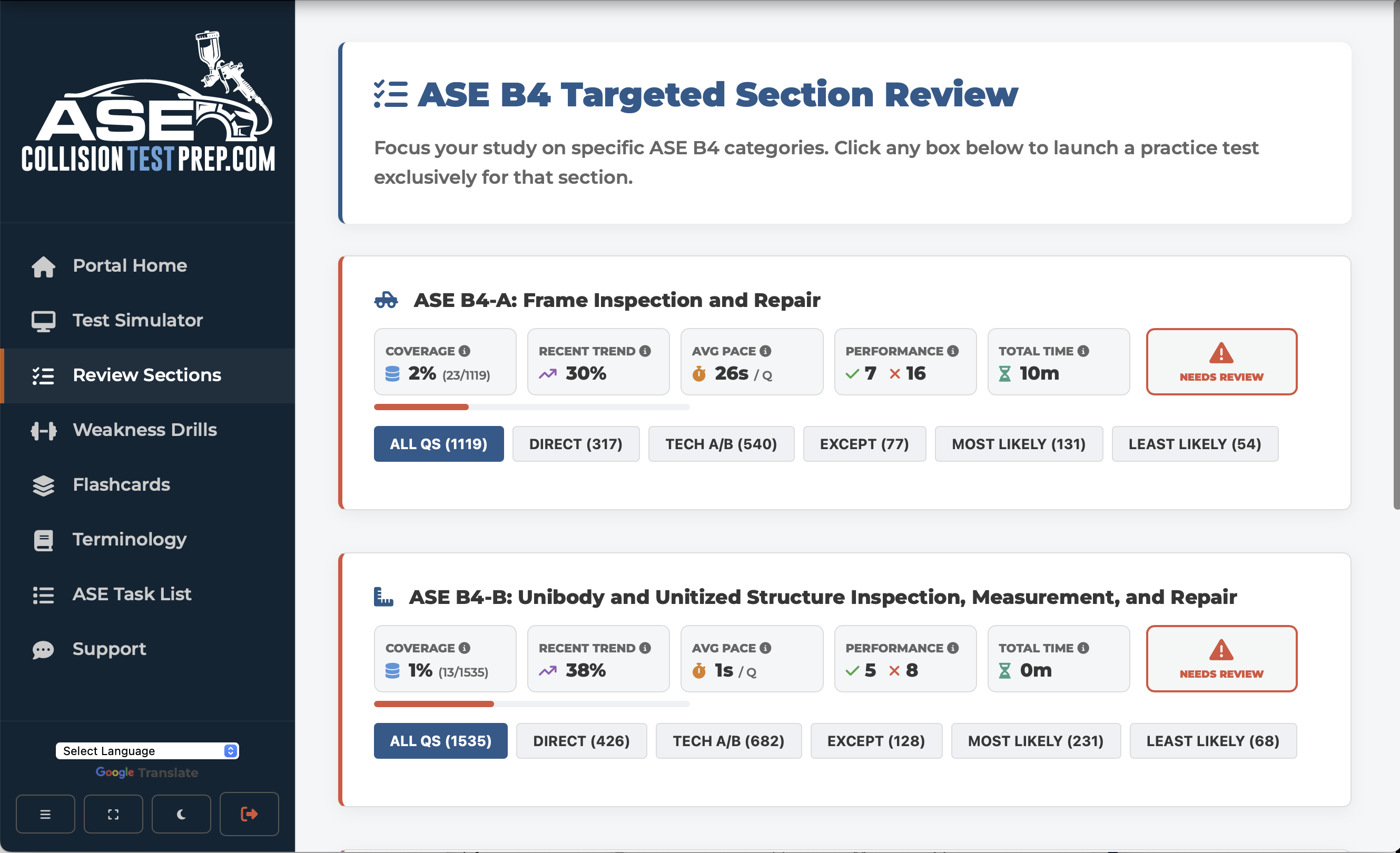 ASE Collision Repair digital flashcards and terminology glossary for the B-Series exam