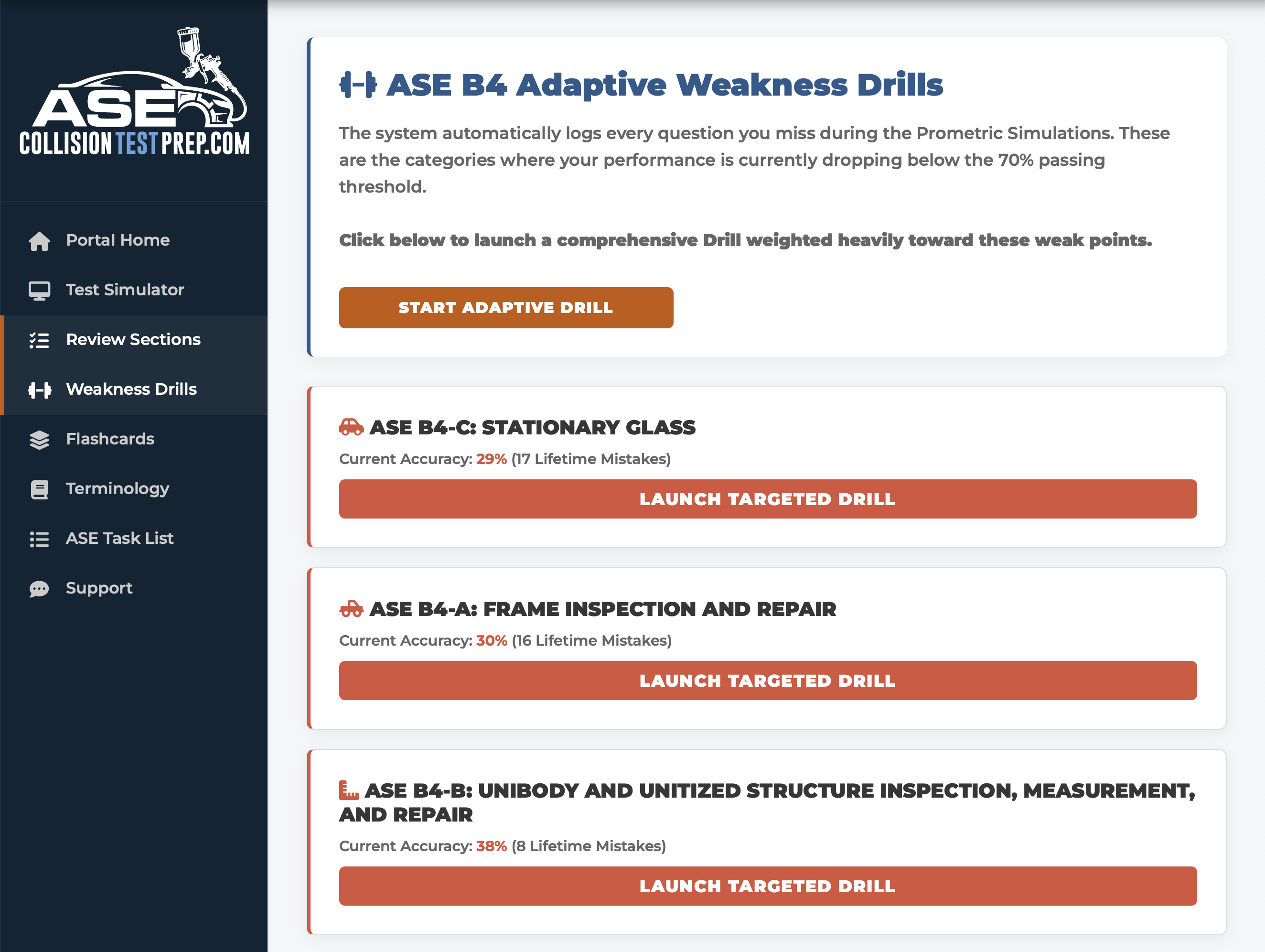 Adaptive weakness drill dashboard showing weakest ASE categories targeted for practice